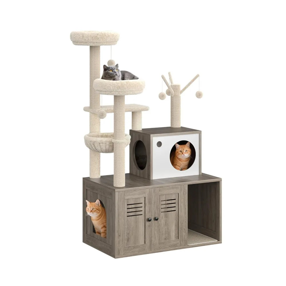 Modern Cat Tower With Hidden Litter Box Enclosure And Hammock