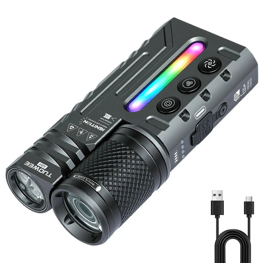 TUOWEE USB C Rechargeable Waterproof Zoomable Tactical Flashlight RGB Light