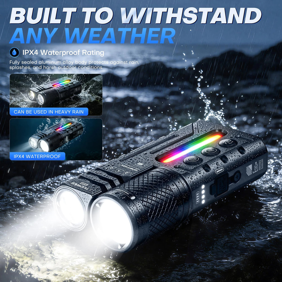 TUOWEE USB C Rechargeable Waterproof Zoomable Tactical Flashlight RGB Light
