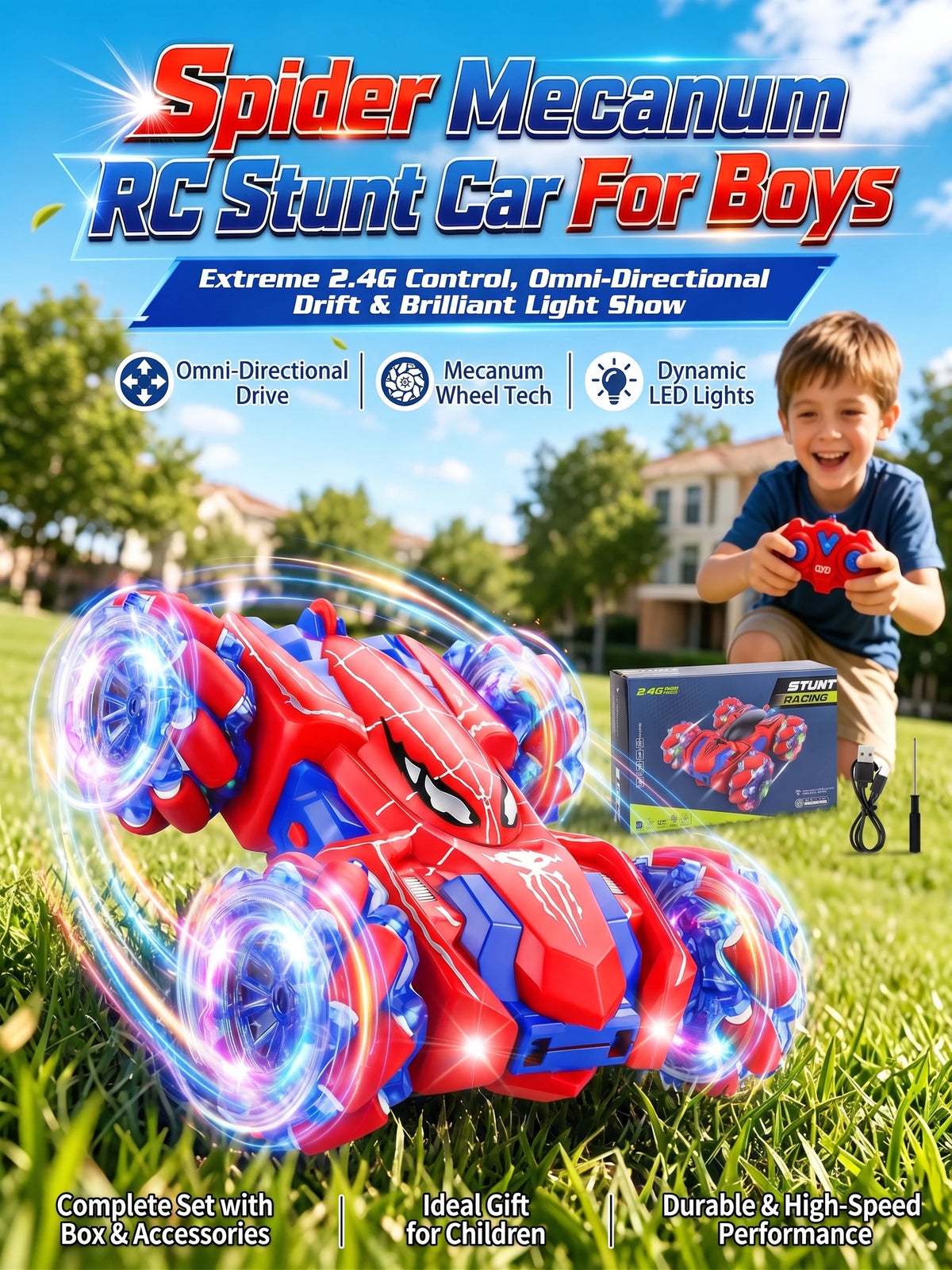 Spider Double Sided RC Stunt Car With Light Up Wheels