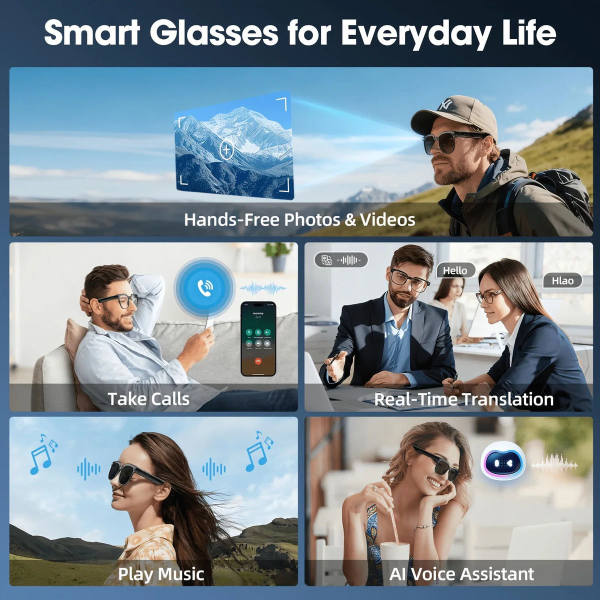 Smart Camera Glasses With HD Video, Bluetooth Audio And Translation