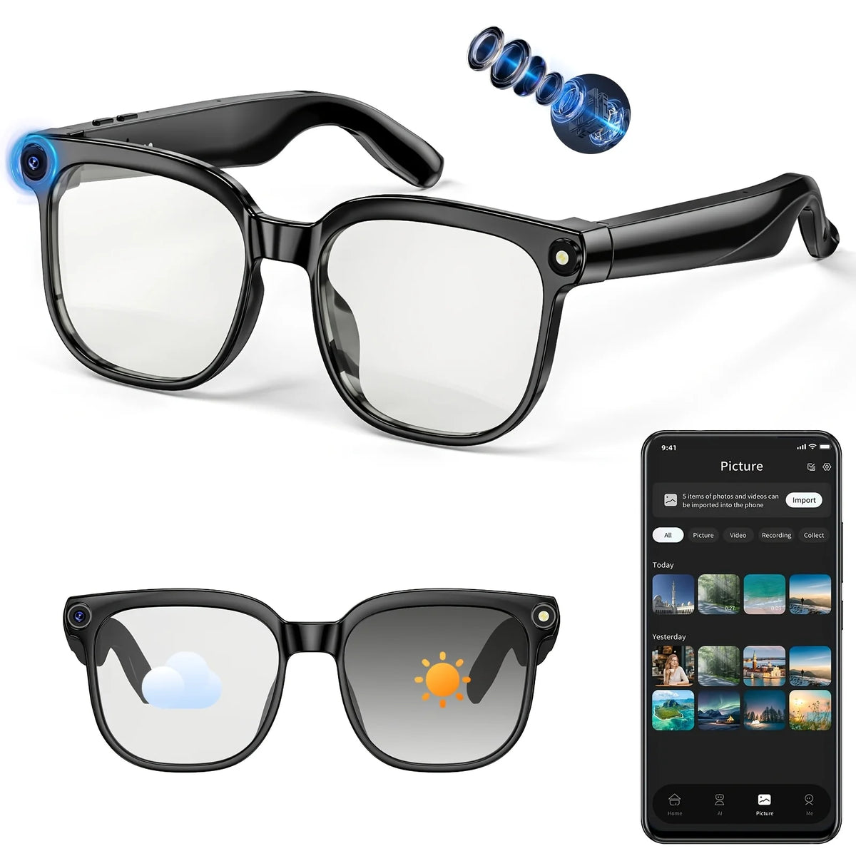 Smart Camera Glasses With HD Video, Bluetooth Audio And Translation
