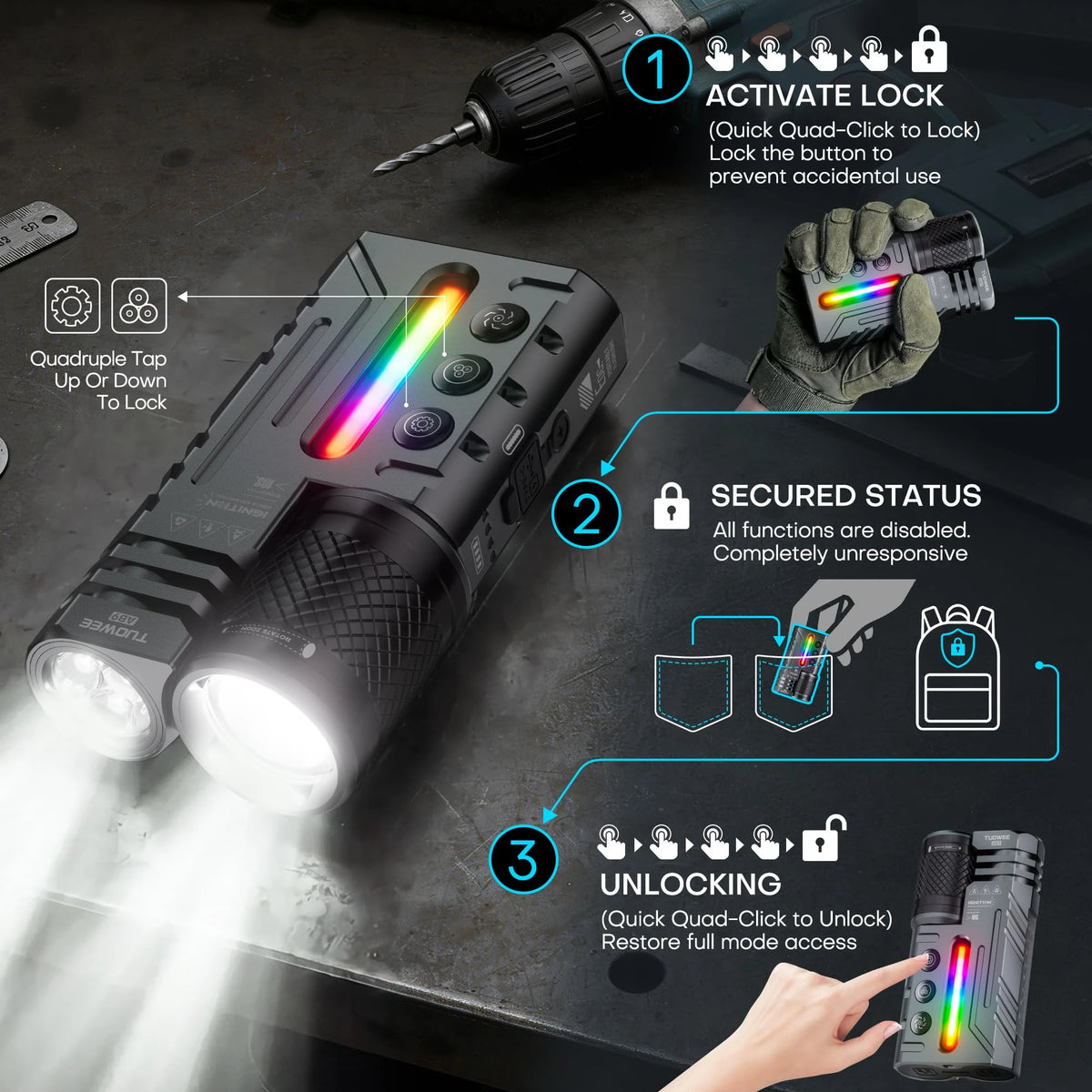 TUOWEE USB C Rechargeable Waterproof Zoomable Tactical Flashlight RGB Light