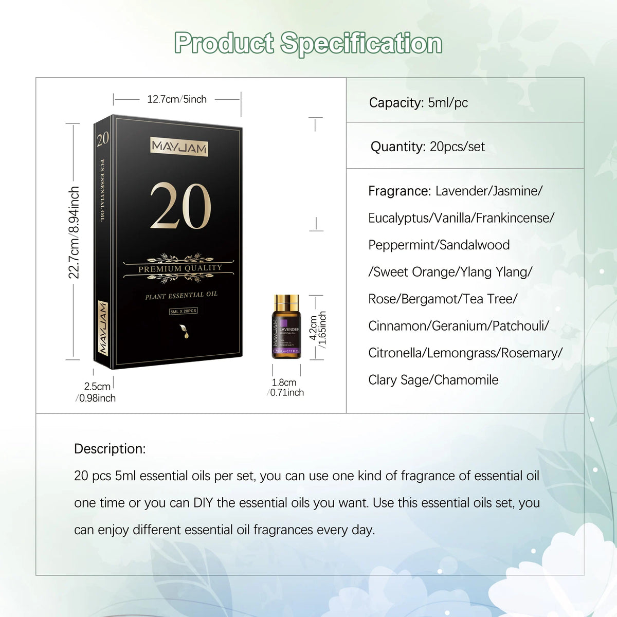 MAYJAM Essential Oil Set With Lavender Jasmine Eucalyptus Vanilla