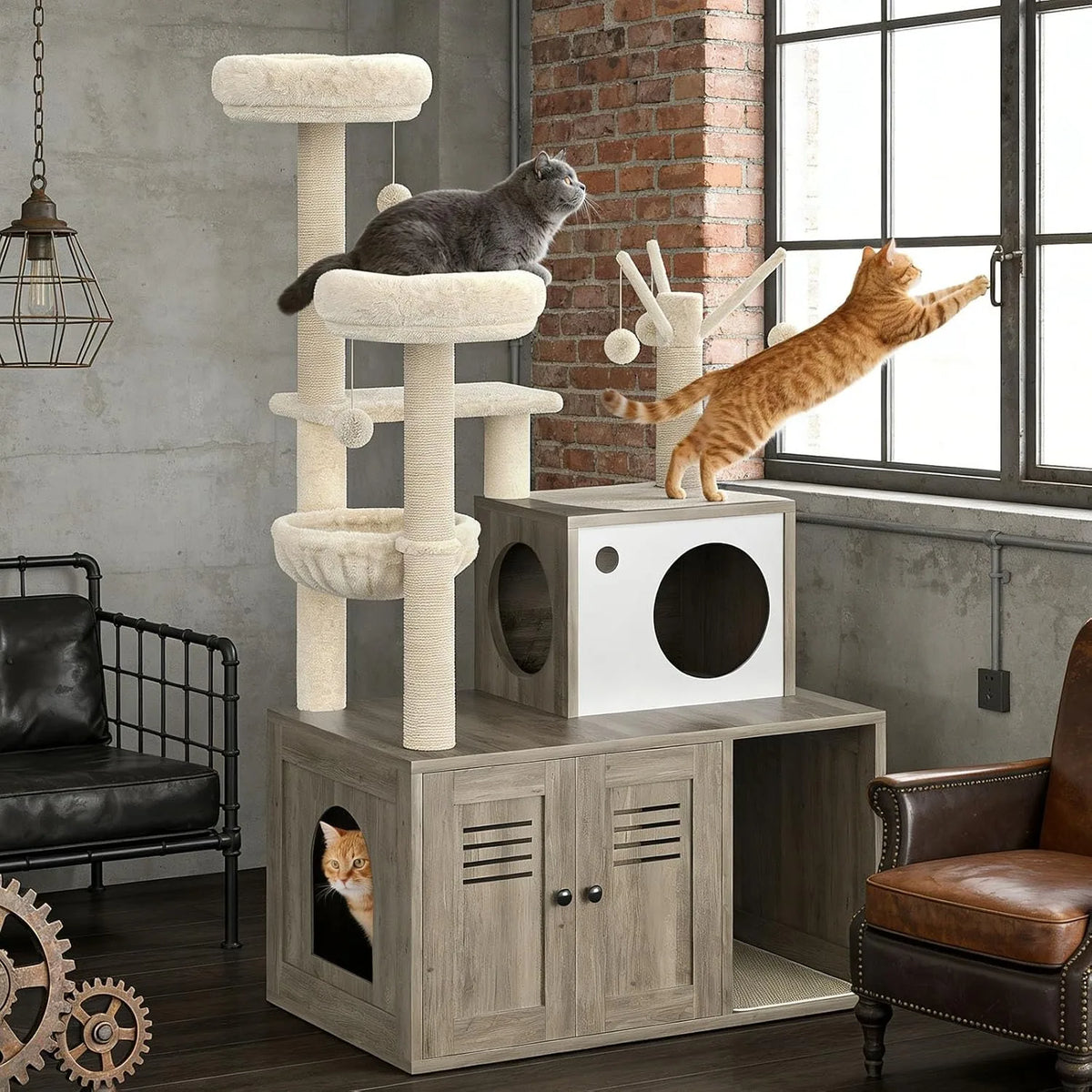 Modern Cat Tower With Hidden Litter Box Enclosure And Hammock