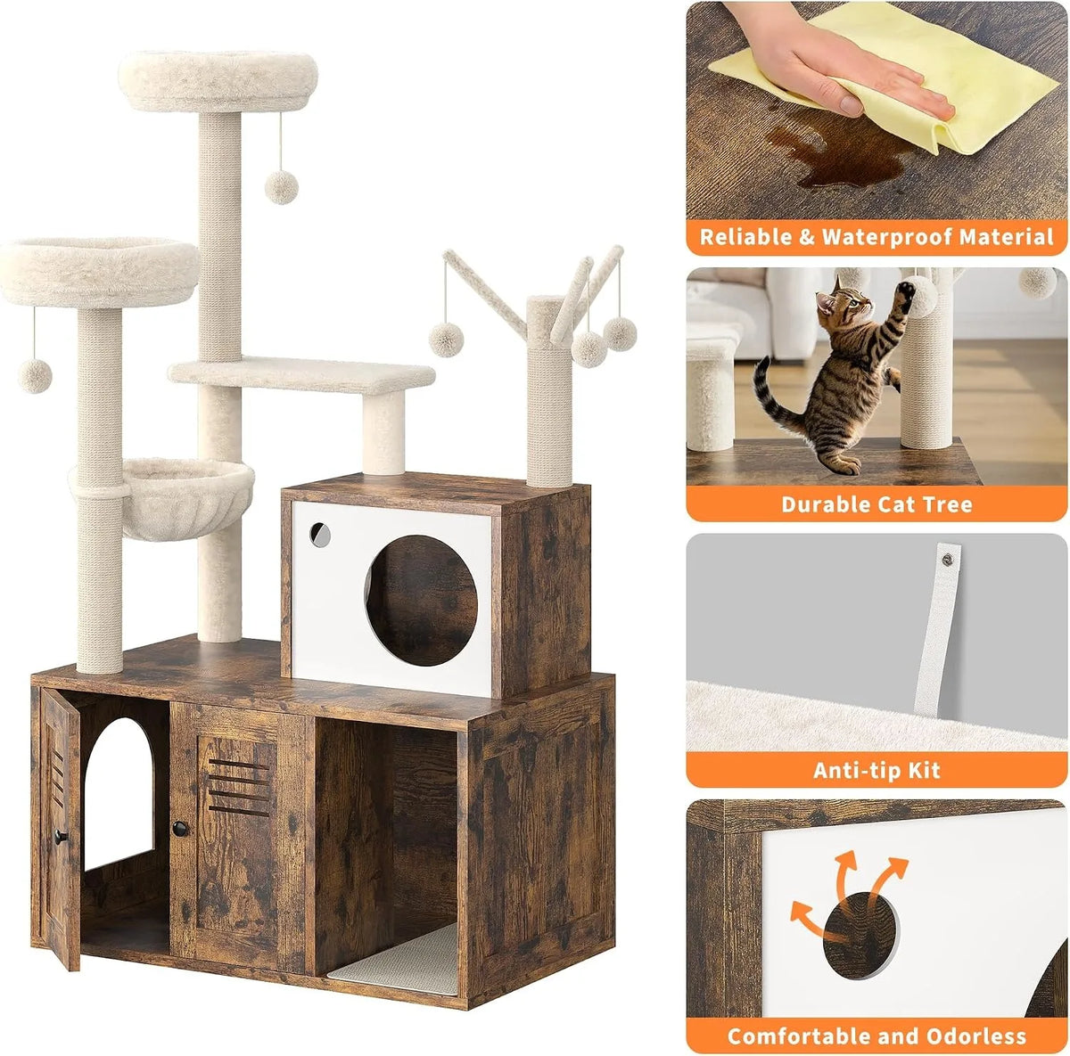 Modern Cat Tower With Hidden Litter Box Enclosure And Hammock