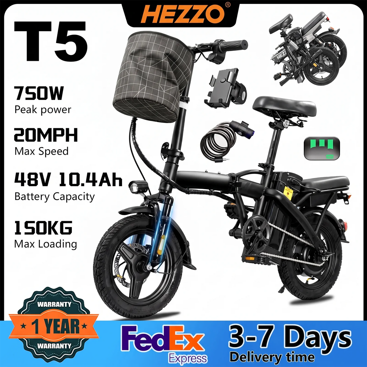 HEZZO T5 Lightweight Folding Electric Commuter Bike With Disc Brakes