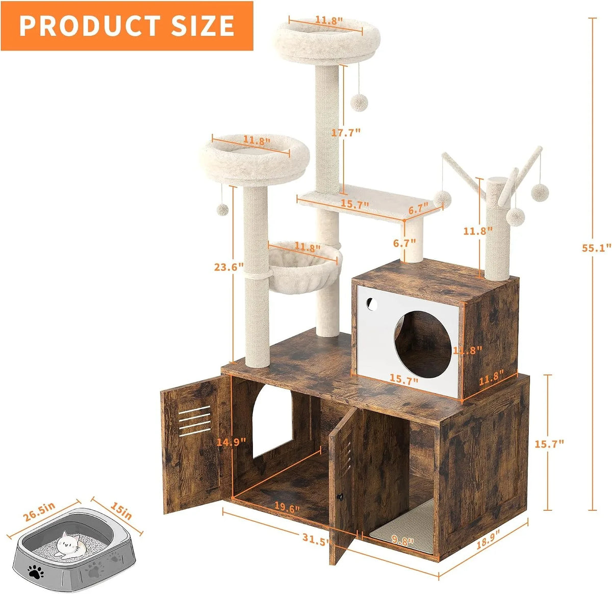 Modern Cat Tower With Hidden Litter Box Enclosure And Hammock