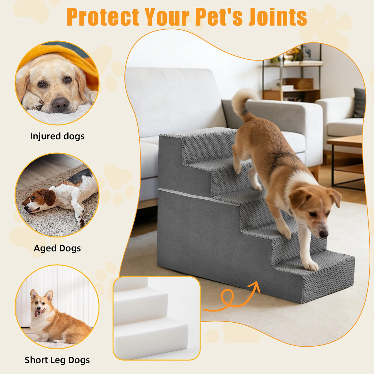 Curved Foam Dog Stairs Ramp With Non Slip Indoor Pet Access