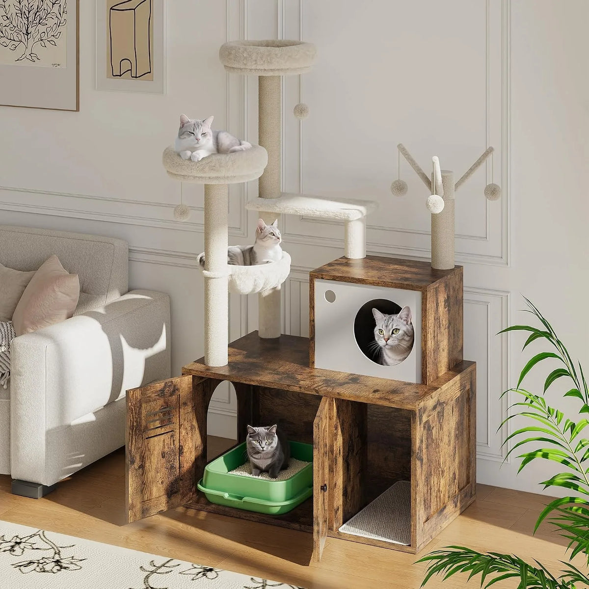 Modern Cat Tower With Hidden Litter Box Enclosure And Hammock