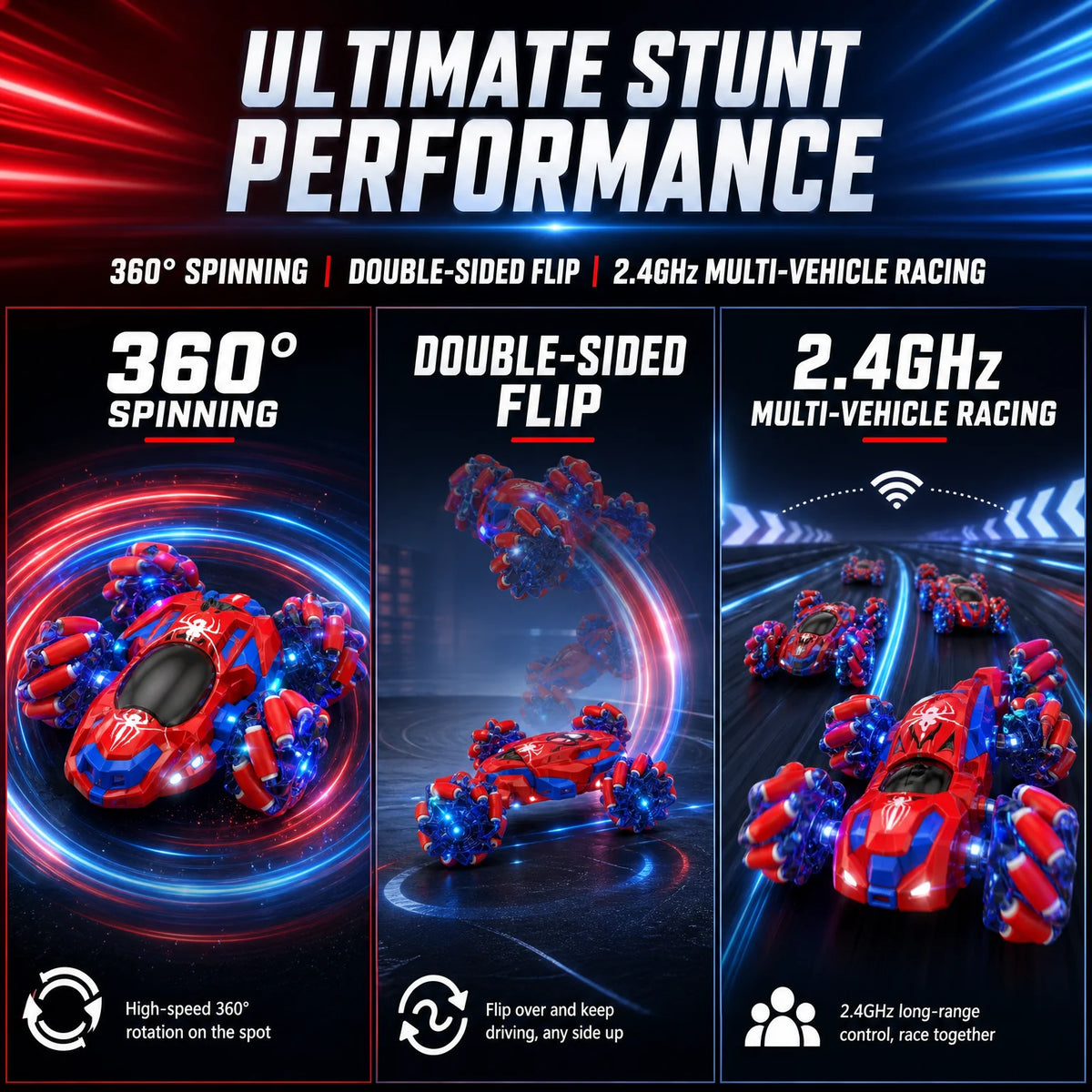 Spider Double Sided RC Stunt Car With Light Up Wheels