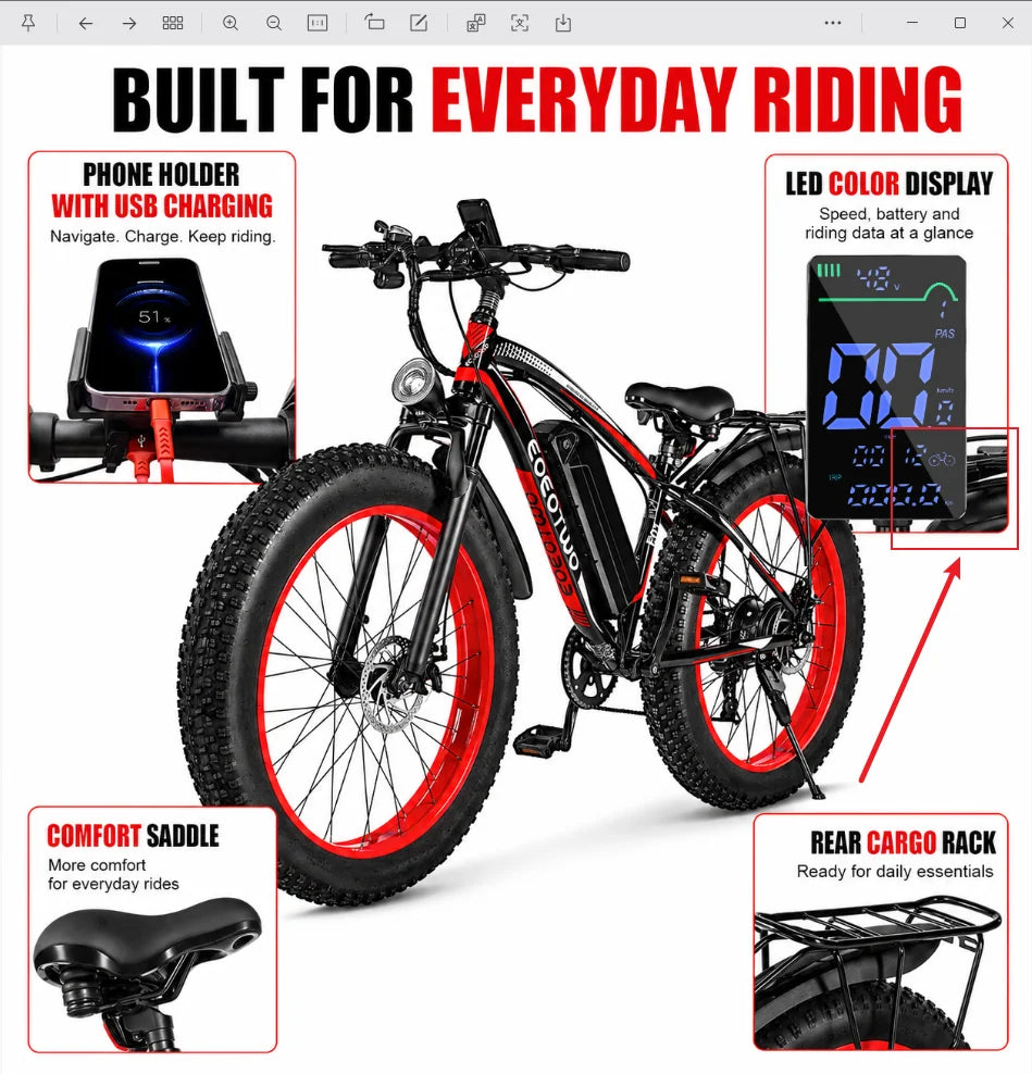 EOEOTWO Electric Mountain Bike With Removable Battery And Disc Brakes