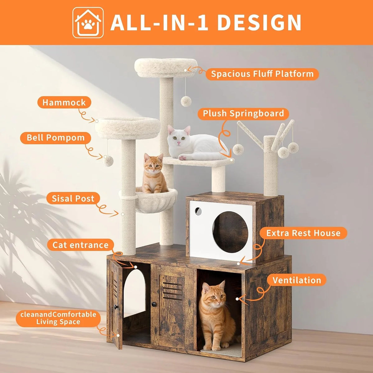 Modern Cat Tower With Hidden Litter Box Enclosure And Hammock