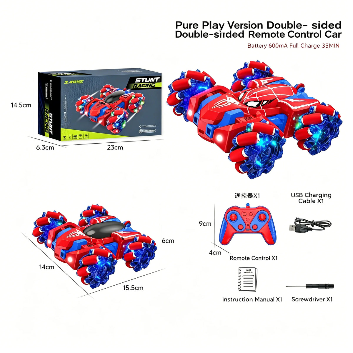 Spider Double Sided RC Stunt Car With Light Up Wheels