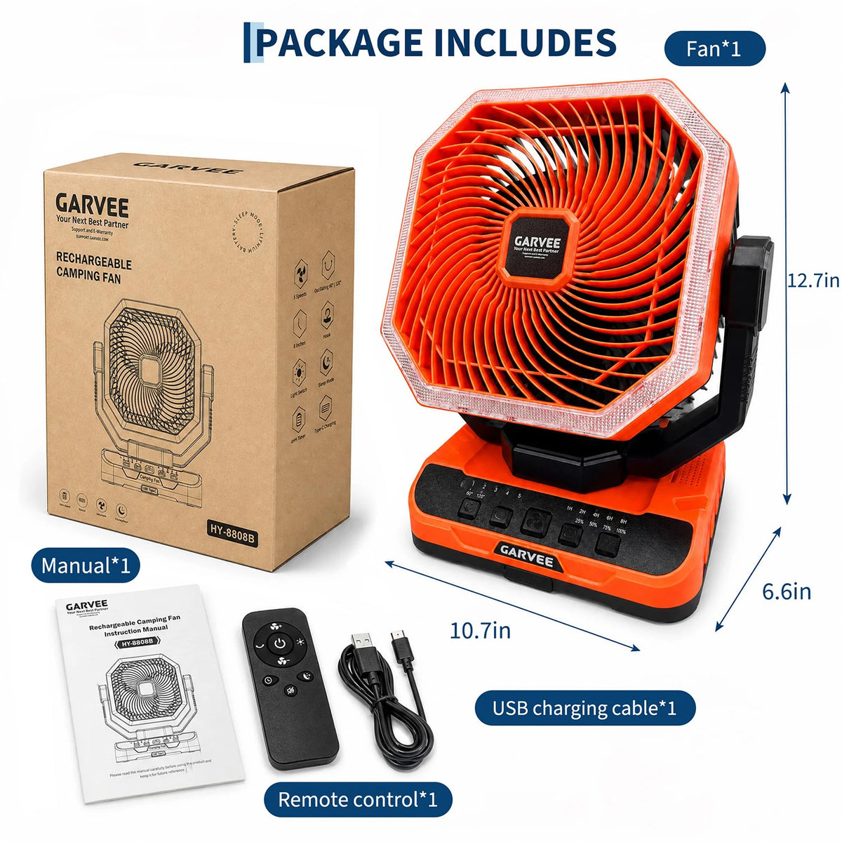 HiMISS Rechargeable Camping Fan With LED Light And Remote Control