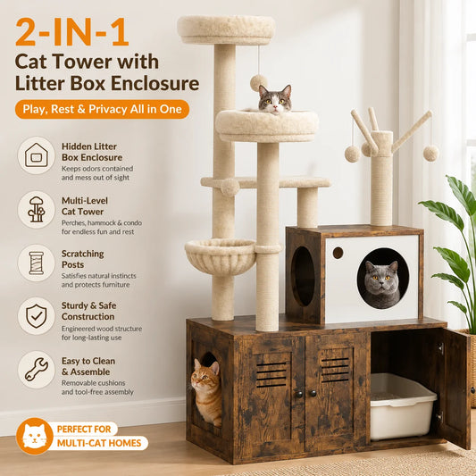 Modern Cat Tower With Hidden Litter Box Enclosure And Hammock