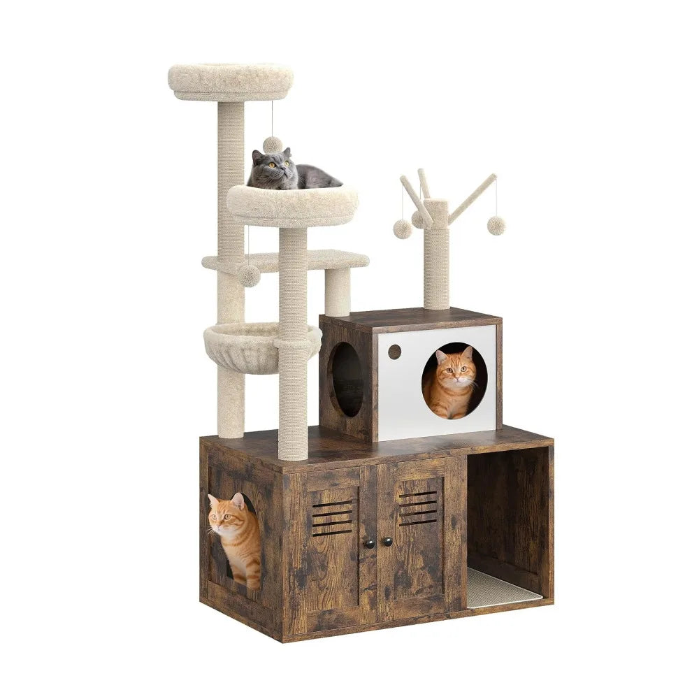 Modern Cat Tower With Hidden Litter Box Enclosure And Hammock