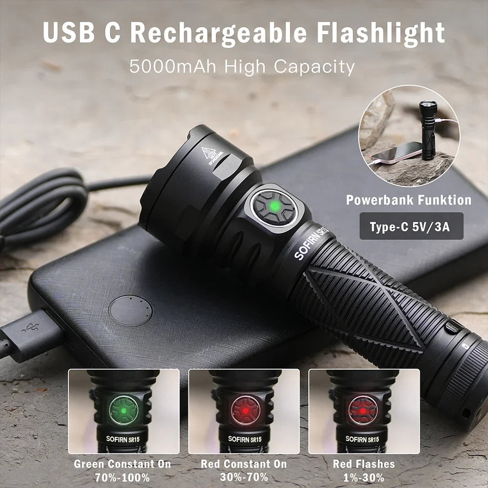 Sofirn SR15 Powerful Rechargeable LED Flashlight With USB C Charging